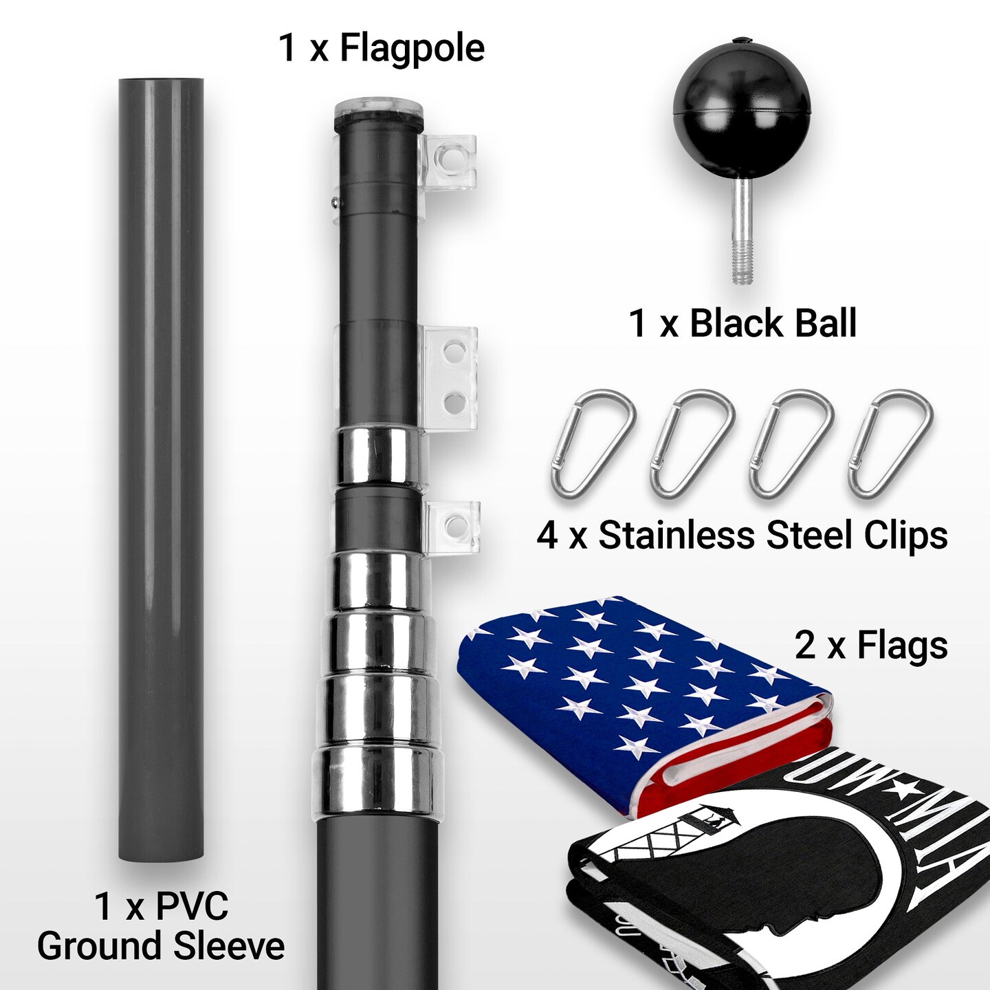 G128 Combo Pack: 20 Ft Telescoping Aluminum Flagpole (Black) &#x26; American and POW Flags 3x5 Ft, Both StormFlyer Series Embroidered 220GSM Spun Polyester | Pole with Flags Included