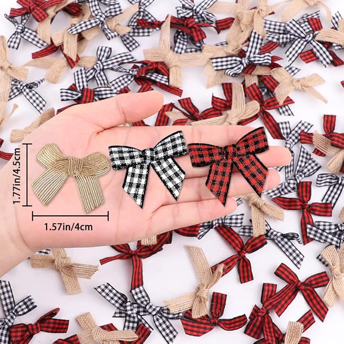 120pcs Christmas Mini Burlap Bow Buffalo Plaid Bow for Craft, Red and Black Checkered Bow Gingham Ribbon Bows Farmhouse Home Decoration for Christmas Tree Gift Decorations.