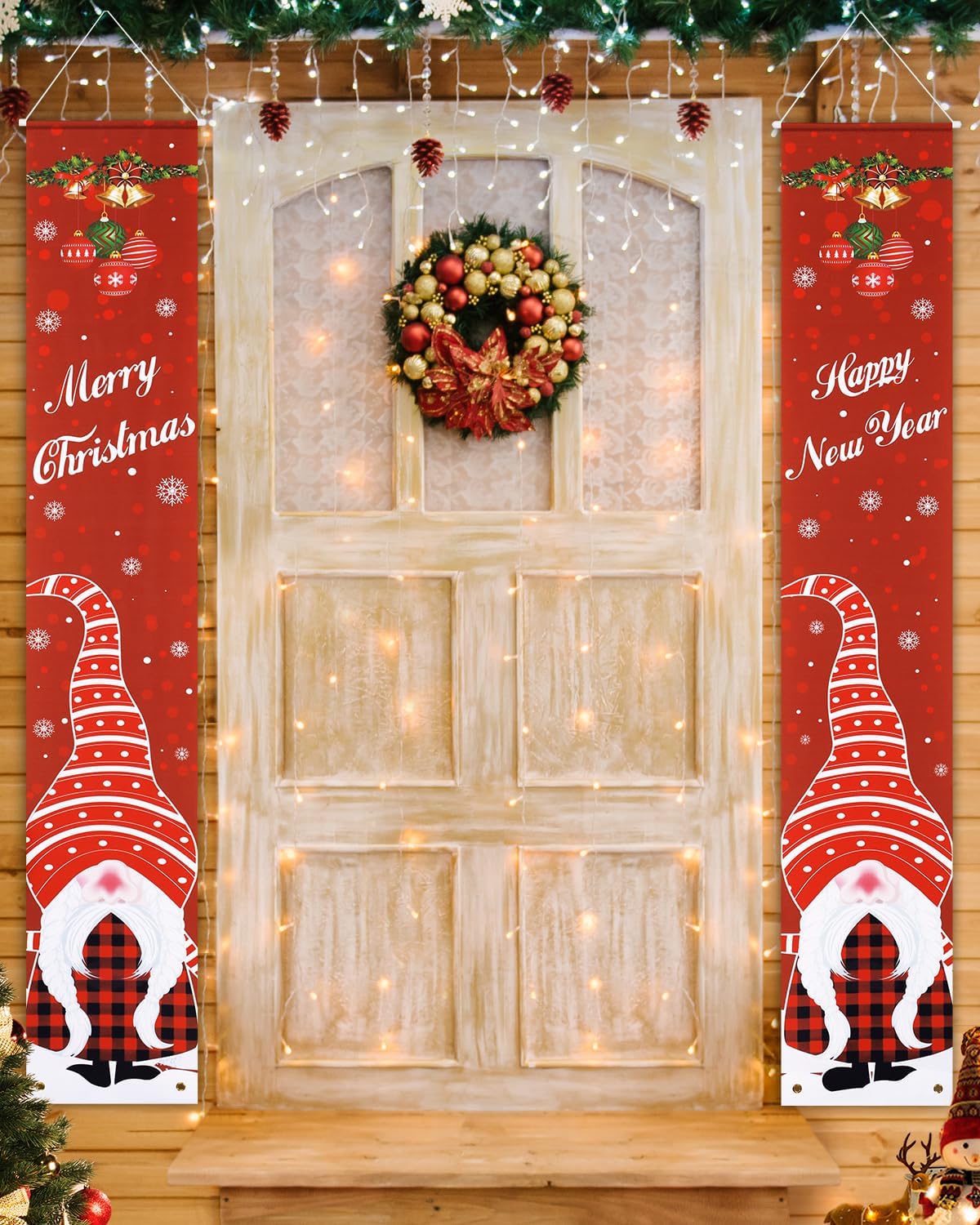 Christmas Decorations Outdoor Yard Front Porch Sign Set, Red Plaid Door Banner, Merry Christmas Hanging Banner Flag for Home Indoor Outdoor Xmas Decor Wall Front Door Yard Garage