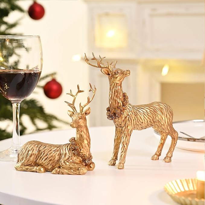 2Pcs Small Christmas Reindeer Figurines Indoor, Tabletop Reindeer Statue Christmas Decor, Resin Deer Figurine Decorations for Home