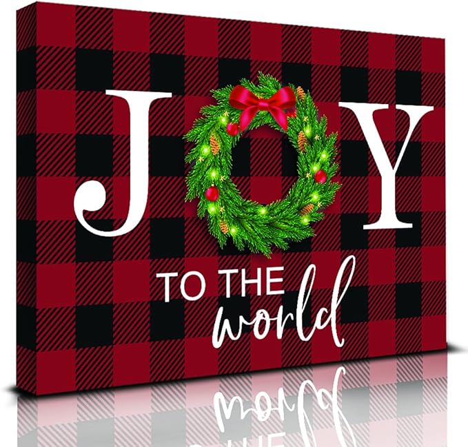KAIRNE Christmas Decoration Joy Sign Wall Art(12x16inch) Rustic Buffalo Plaid Xmas Wreath Canvas Art Print,Holiday Farmhouse Happy New Years Quote Prints Posters For Family Festive Party Decor