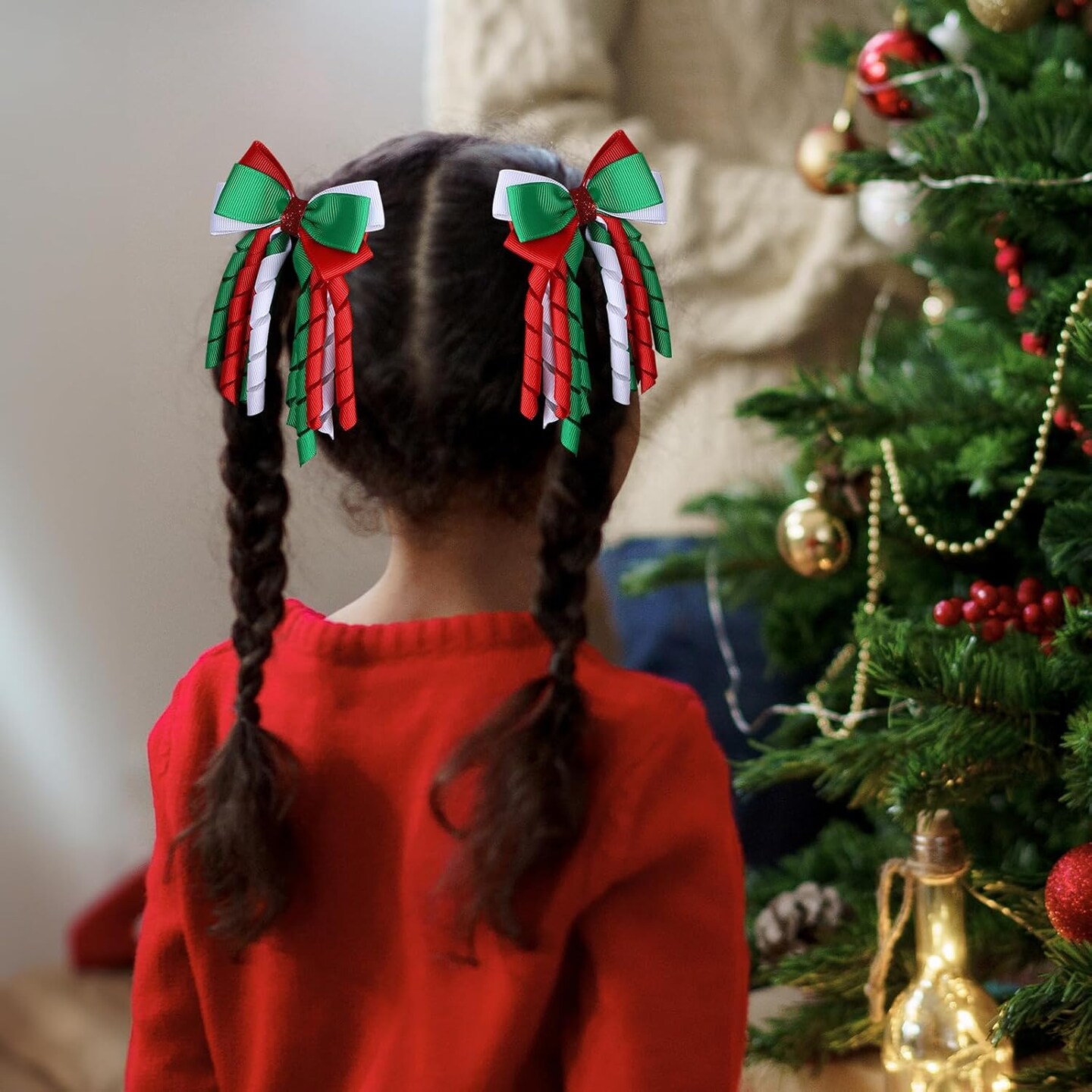 Christmas Hair Bow Clips 3 Inch Curly Ribbon Hair Clips Kids Girls Handmade Cheer Hair Accessories for Christmas Party Decor, Green &#x26; Red &#x26; White