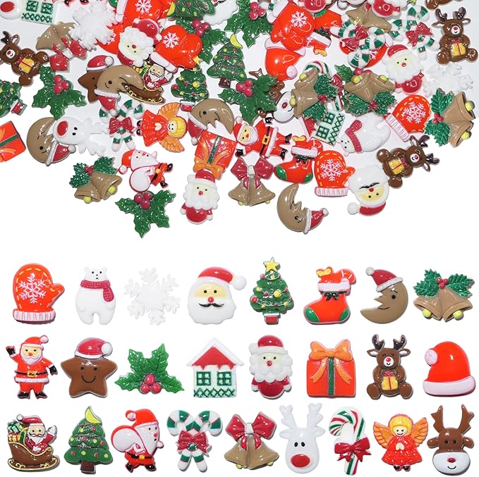 Christmas Resin Charms for Crafts,100 Pcs Flatback Slime Charm Beads Miniature Ornaments for Christmas Embellishments,Craft Supplies and Mini Christmas Decorations