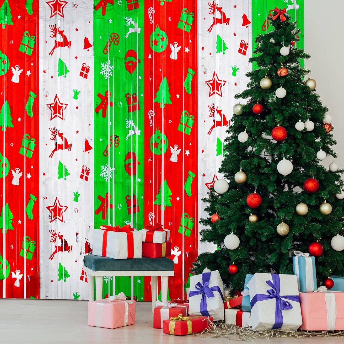 Foil Fringe Curtains - Christmas Themed Red, Silver, Green - 3.3 x 6.6 ft Photo Backdrop for Ugly Sweater Parties