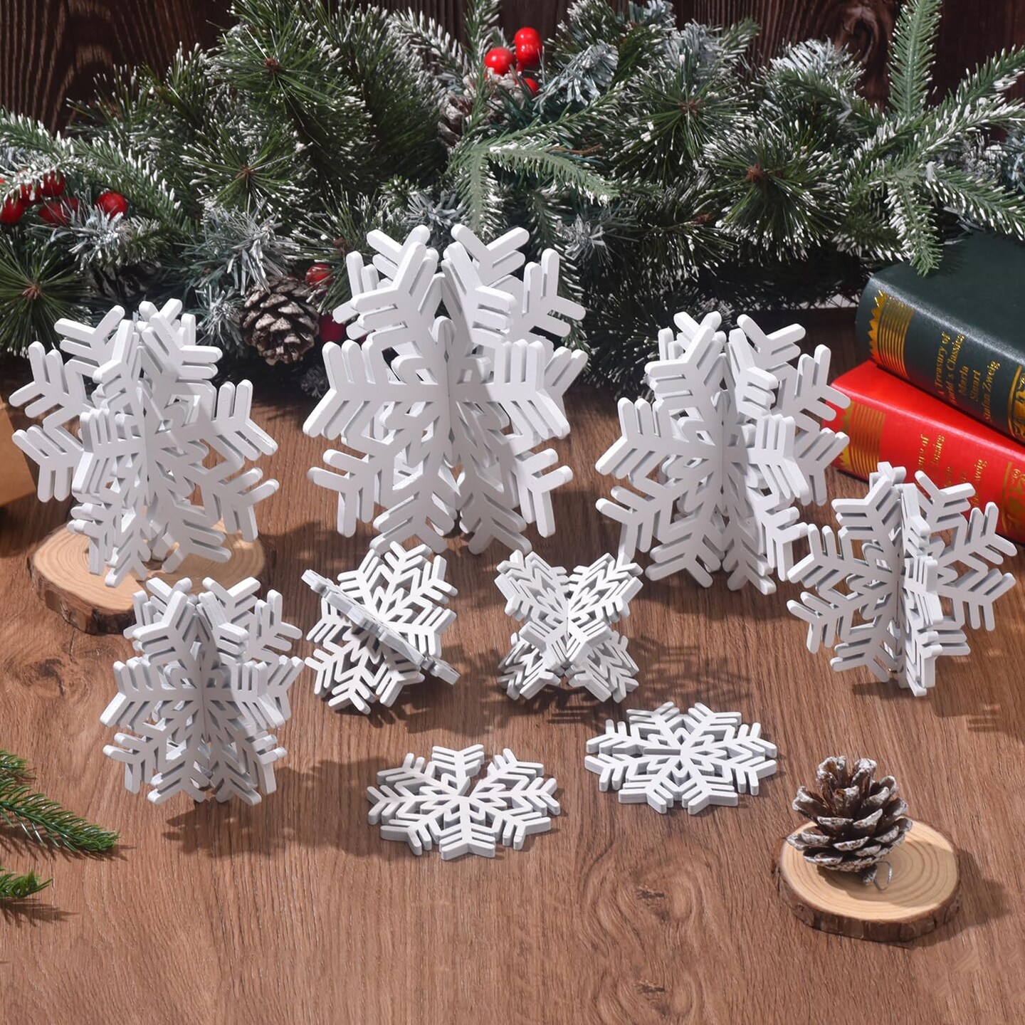 8 Set 3D Snowflake Christmas Table Decorations, Wooden White Winter Snowflake Christmas Decor Tabletop Centerpiece Signs for Xmas Festival Home Party Decoration (8 Sets)