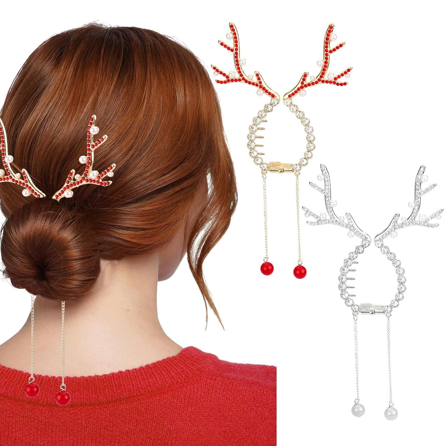 2Pcs Christmas Reindeer Ponytail Bun Holder, Metal Banana Clips Hair Strong Hold Decorative Hair Claw Clips for High Ponytail, Xmas Hair Jaw Clips Barrettes Styling Accessories for Women Girls