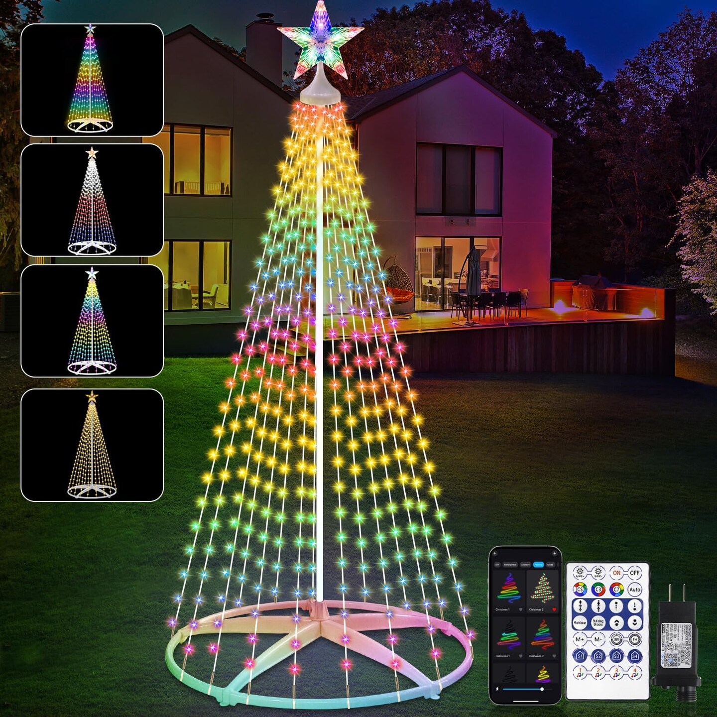 Smart LED Christmas Cone Tree Light, 7.5ft 310 LED Lighted Artificial Tree with Star Topper, Music Sync with Remote APP Control, DIY RGB LED Light Show Tree for Xmas Indoor Outdoor Decorations