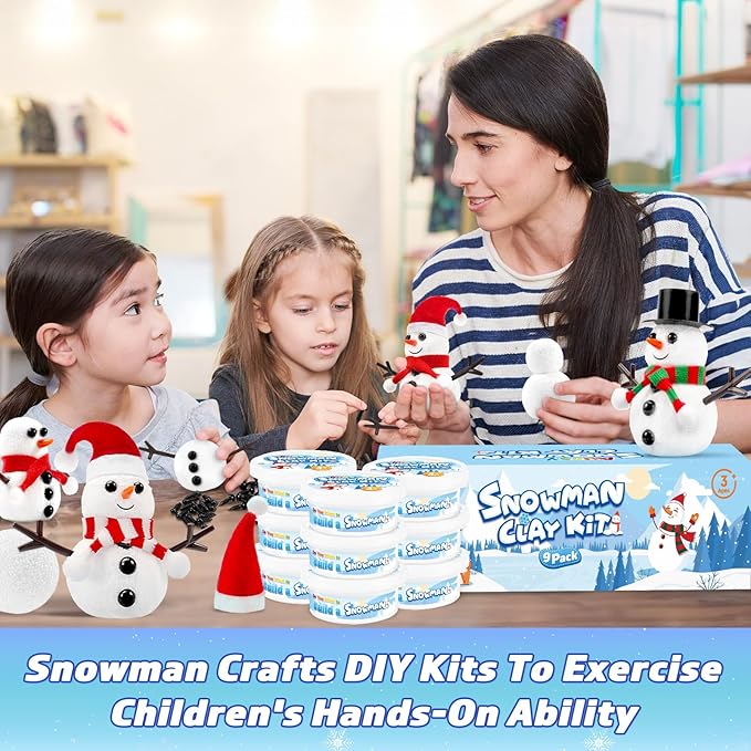 Christmas Crafts for Kids, 9 Pack DIY Build a Snowman Kit for Kids, Christmas Gifts for Kids, Stocking Stuffers for Kids, DIY Air Dry Modeling Clay Snowman, Decor Creative Xmas Crafts Gift