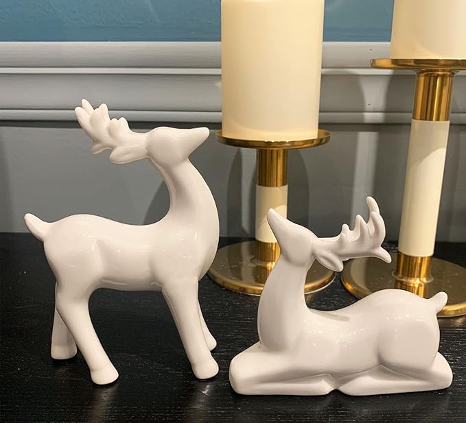 Pack 2 Mini Animal Reindeer Decor Deer Statues Sculpture Tabletop Ornaments for Cabinet Mantel Shelves Fireplace Home Décor Accents Collectible Figurines