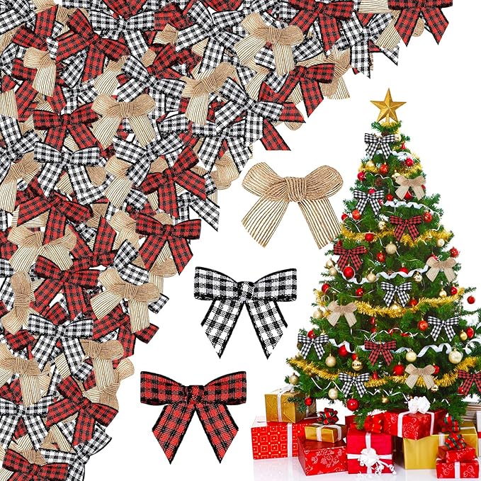 120pcs Christmas Mini Burlap Bow Buffalo Plaid Bow for Craft, Red and Black Checkered Bow Gingham Ribbon Bows Farmhouse Home Decoration for Christmas Tree Gift Decorations.