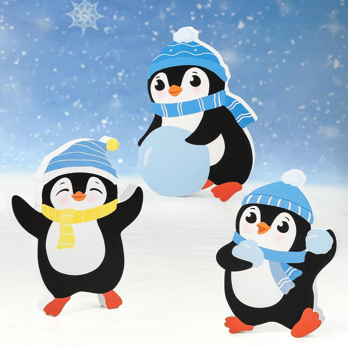 Penguin Christmas Decorations Indoor, Cute Penguins Winter Tiered Tray Decor Set of 3, Wooden Penguin Blocks Xmas Table Decoration for Party Home Office Shelf Door (Light Blue)