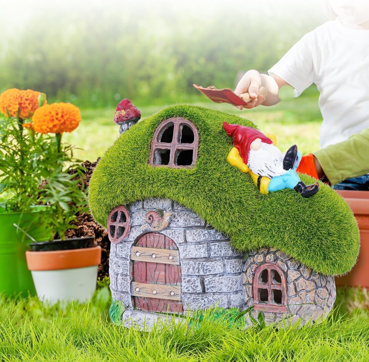 House Garden Statues with Solar Lights, LED Cute Flocked Fairy House with Gnomes Garden Figurine, Outdoor Patio Yard Lawn Decorations Gift