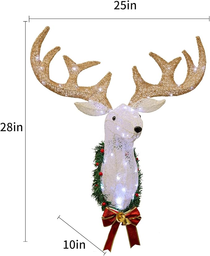 28 Inch Lighted Christmas Wall Decor Reindeer Head - Pre-Lit 3D Rudolph Hanging Wreath with Battery Operated LED Lights, 8 Lighting Modes for Indoor/Outdoor Festive Xmas Holiday Decoration