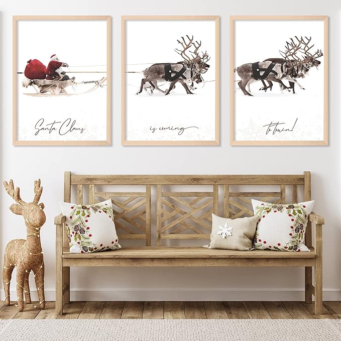 AnyDesign 3Pcs Christmas Wall Art Prints 12x16in Santa Claus Reindeer with Sleigh Art Poster Decor Large Aesthetic Xmas Posters Room Decor for Gallery Living Room Bathroom Wall Decor(UNFRAMED)