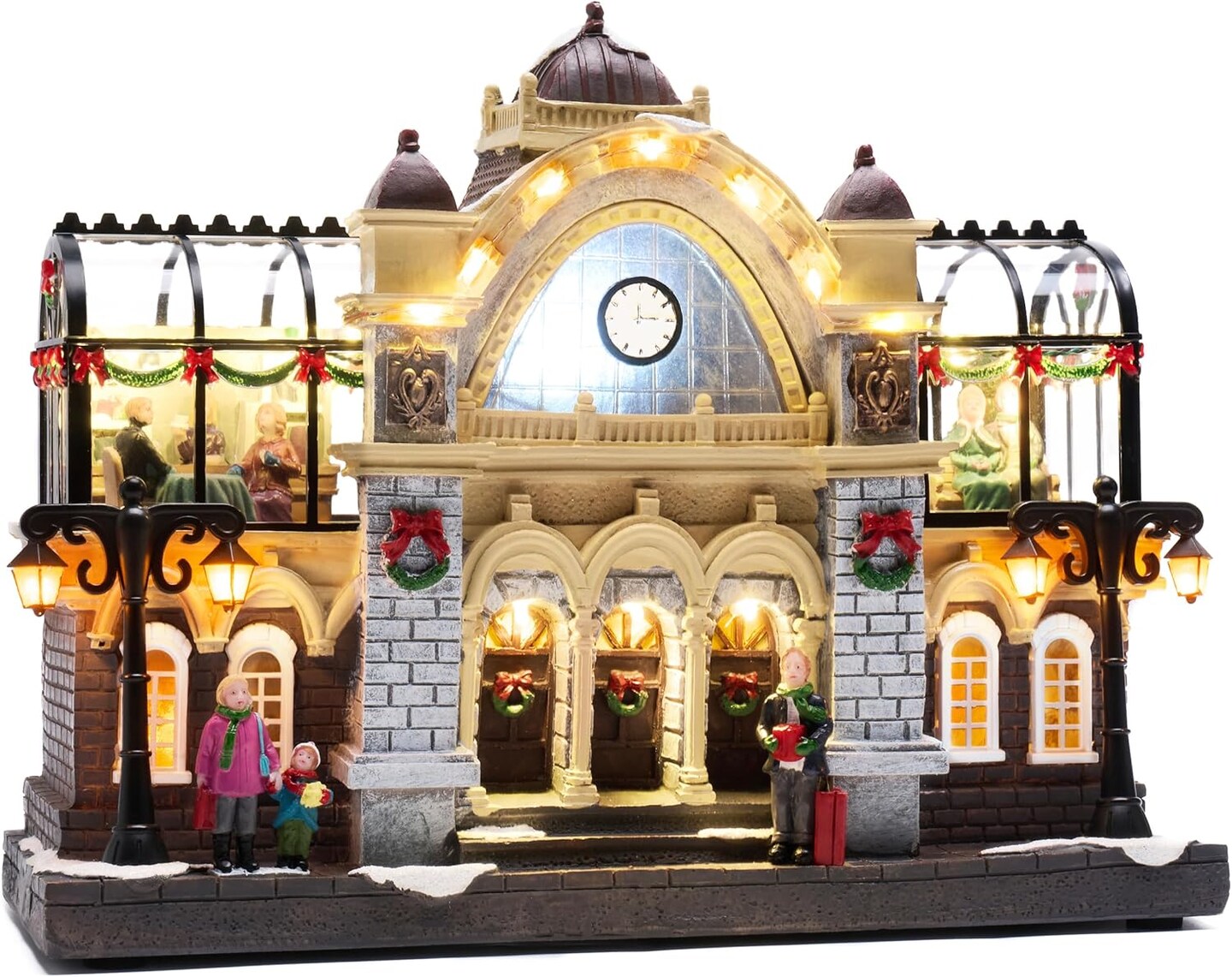 Christmas Village Decorations, 2 Levels Union Station with Lights, Battery Operated Xmas Figurine Musical House Snow Scenes for Holiday Indoor Home Gift Decorations, 12.8 Inch