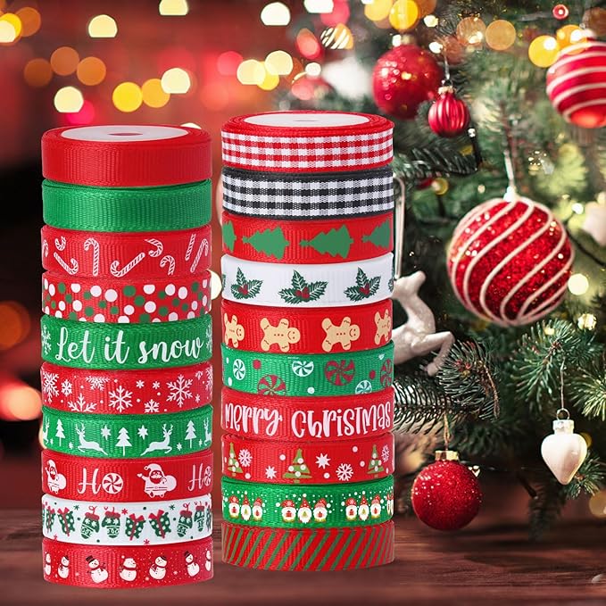 20 Rolls 100 Yards Christmas Ribbon for Gift Wrapping,3/8 Inch Christmas Grosgrain Ribbon,Christmas Ribbon for Crafts DIY Holiday Christmas Decorations