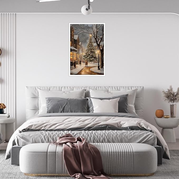 Rustic Christmas Town Wall Art Vintage Scene Country Pictures Farmhouse Decor Winter Posters Xmas Village Canvas Aesthetic Botanical Prints Landscape Painting Holiday Home Dorm Living Room 8x12inch Unframed