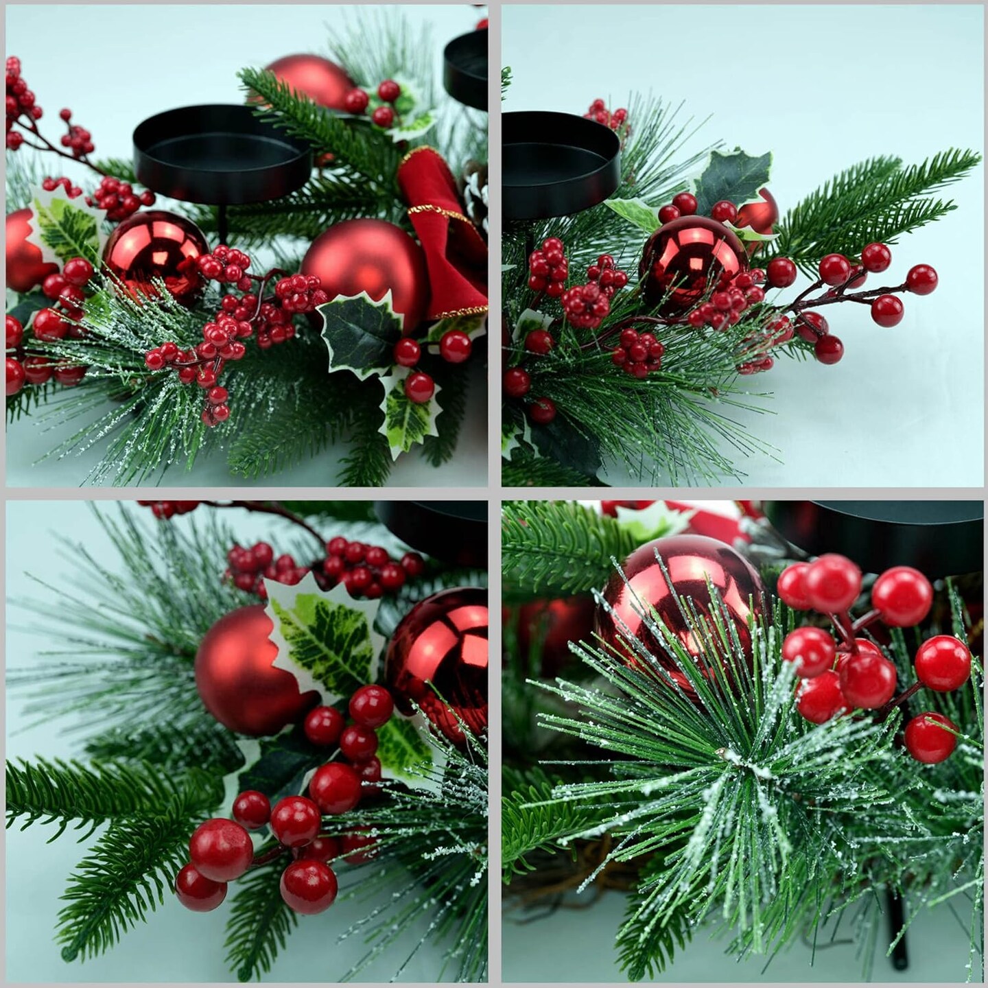 28&#x22; Christmas Triple Candelabrum, Holiday Candle Holder with Three Trays, Red Bowknot &#x26; Baubles, Natural Pine Cones, Red Berries, Green Leaves Holly, Spruce Branches, Pine Needles (Red)