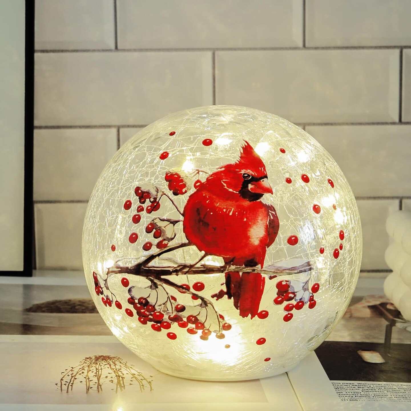 Crackle Glass Ball Cardinal Lamp, Light Up Red Bird Stained Glass Christmas Decor Accent Lamp, Lighted Globe Glass Table Lamp, Orb Cardinal Night Light, Mother&#x27;s Day Gifts, Led Sphere Desk Lamp