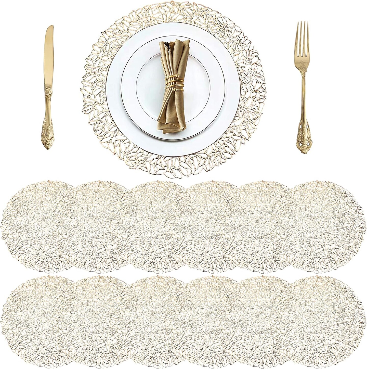 12 Pack Round Pressed Vinyl Placemats, Non-Slip Washable Gold Christmas Wedding Accent Centerpiece Placemat for Dining Table Kitchen Decor, 15inch