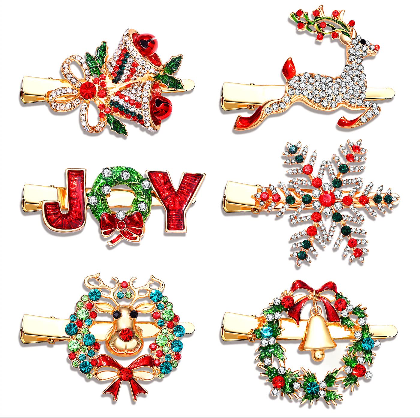 6PCS Christmas Hair Clips for Women Xmas Snowflake Wreath Reindeer Bell Hairpins Rhinestone Holiday Hair Barrettes Festive Costume Hair Accessory Gifts (6PCS Xmas Hair Clip)