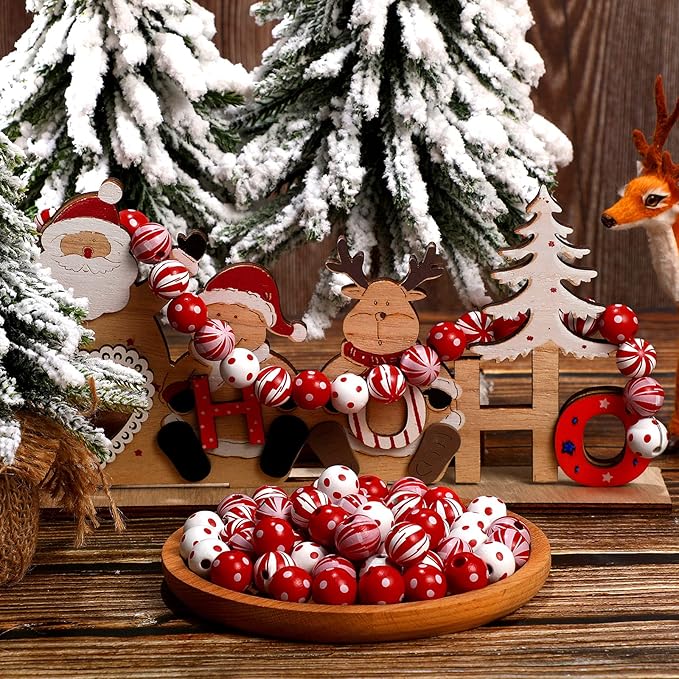 100 Pieces Christmas Beads Candy Cane Wooden Beads 0.63 Inch Dotted Striped Wood Beads Colorful Round Spacer Beads Natural Craft Beads with Hole for DIY Craft Supplies Holiday(Bright Style)