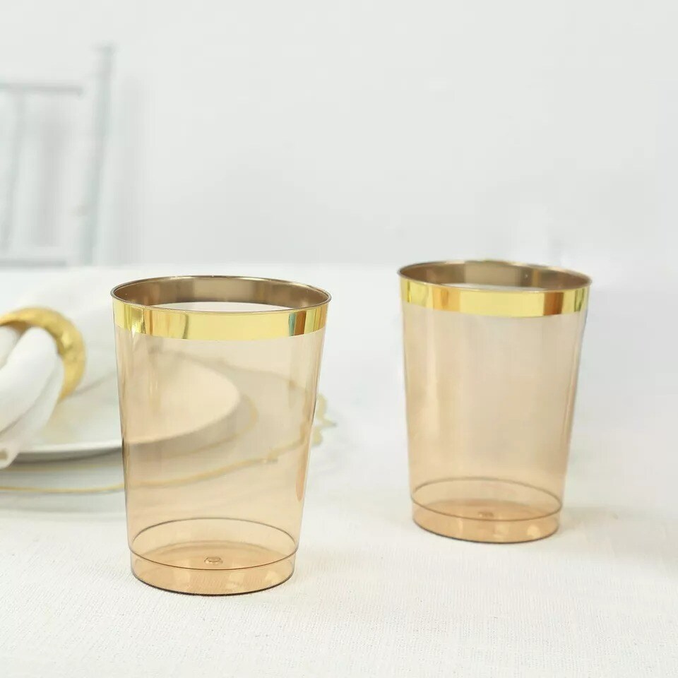 25 Crystal Amber Gold Gold 10 oz Plastic Cups Gold Rim Party Events Decorations