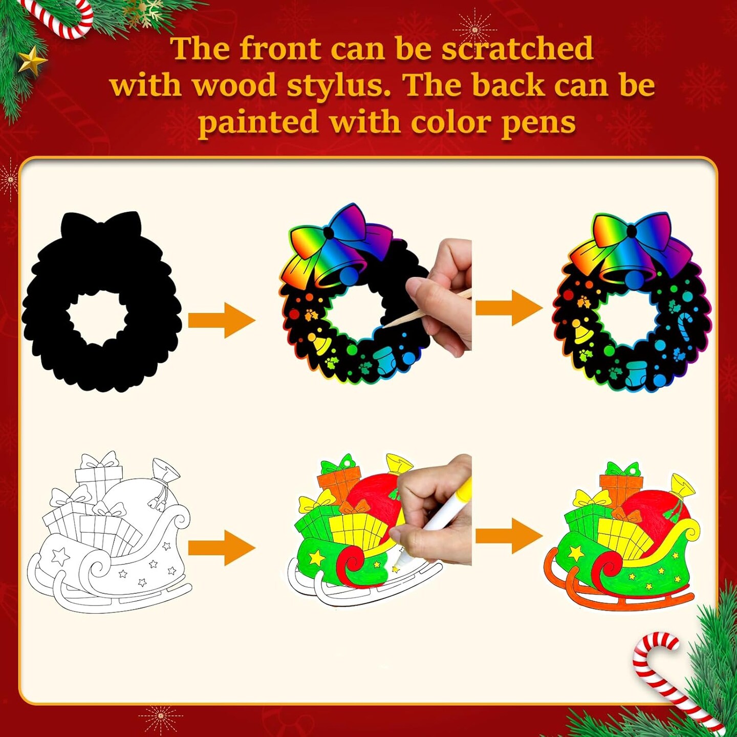 36Pcs Christmas Crafts Scratch Art for Kids, Rainbow Scratch Paper Christmas Ornaments Crafts Christmas Party Favors Toys Xmas Tree Ornaments Hanging Craft Art Kits
