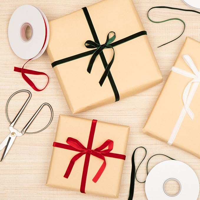 4 Colors Velvet Ribbon Set, 3/8" x 40Yard Premium Velvet Ribbon for Gift Wrapping, Christmas Velvet Ribbon Christmas Tree Velvet Ornaments Handmade Crafts Bow Making(Red,Green,White,Brown)