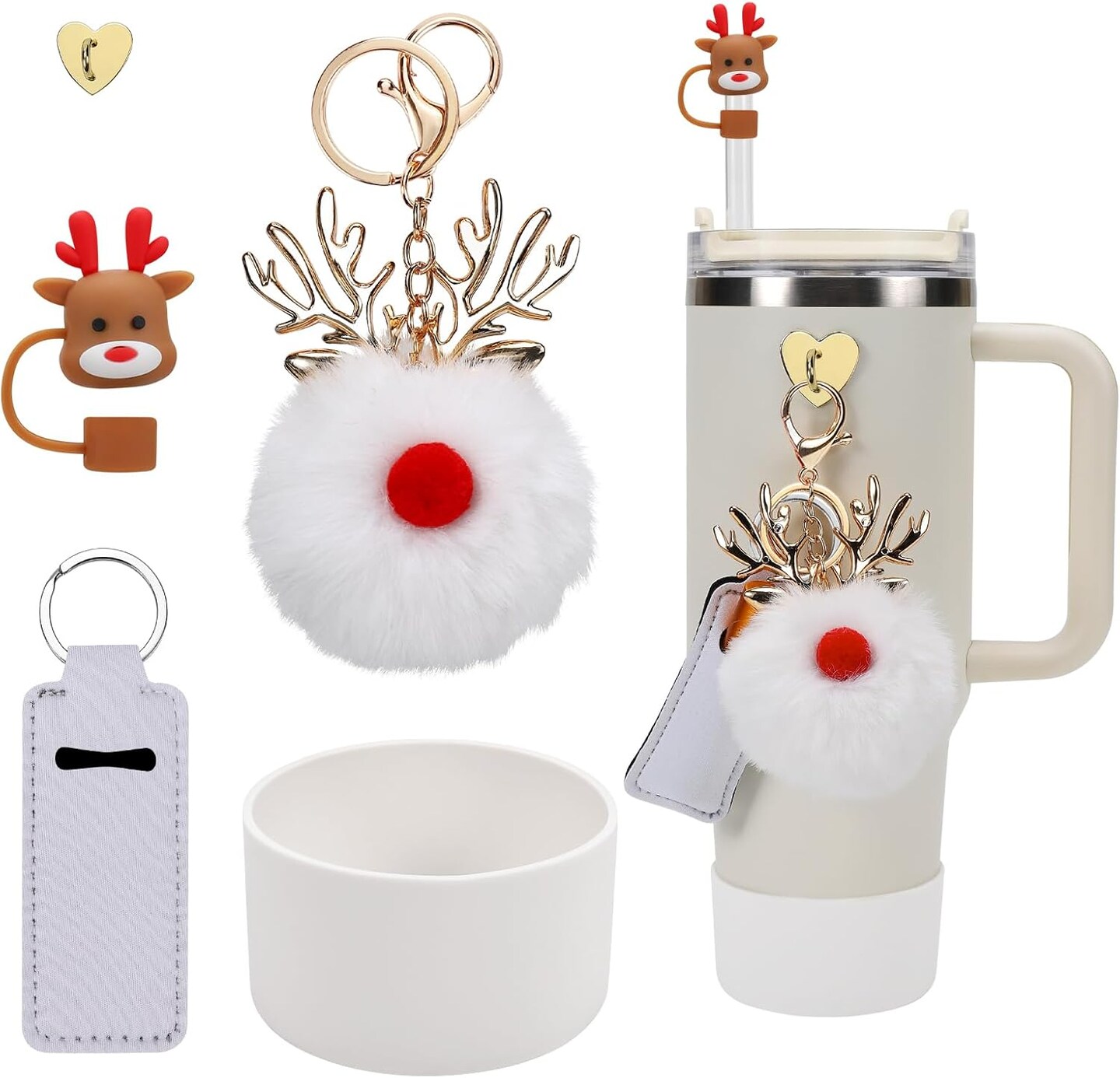 Christmas Stanley Cup Accessories Set- Christmas Silicone Straw Cover, Silicone Stanley Cup Boot, Lipstick Holder, Christmas Charms for Stanley Cup 40oz &#x26; 30oz Tumbler. (Christmas White Elk)