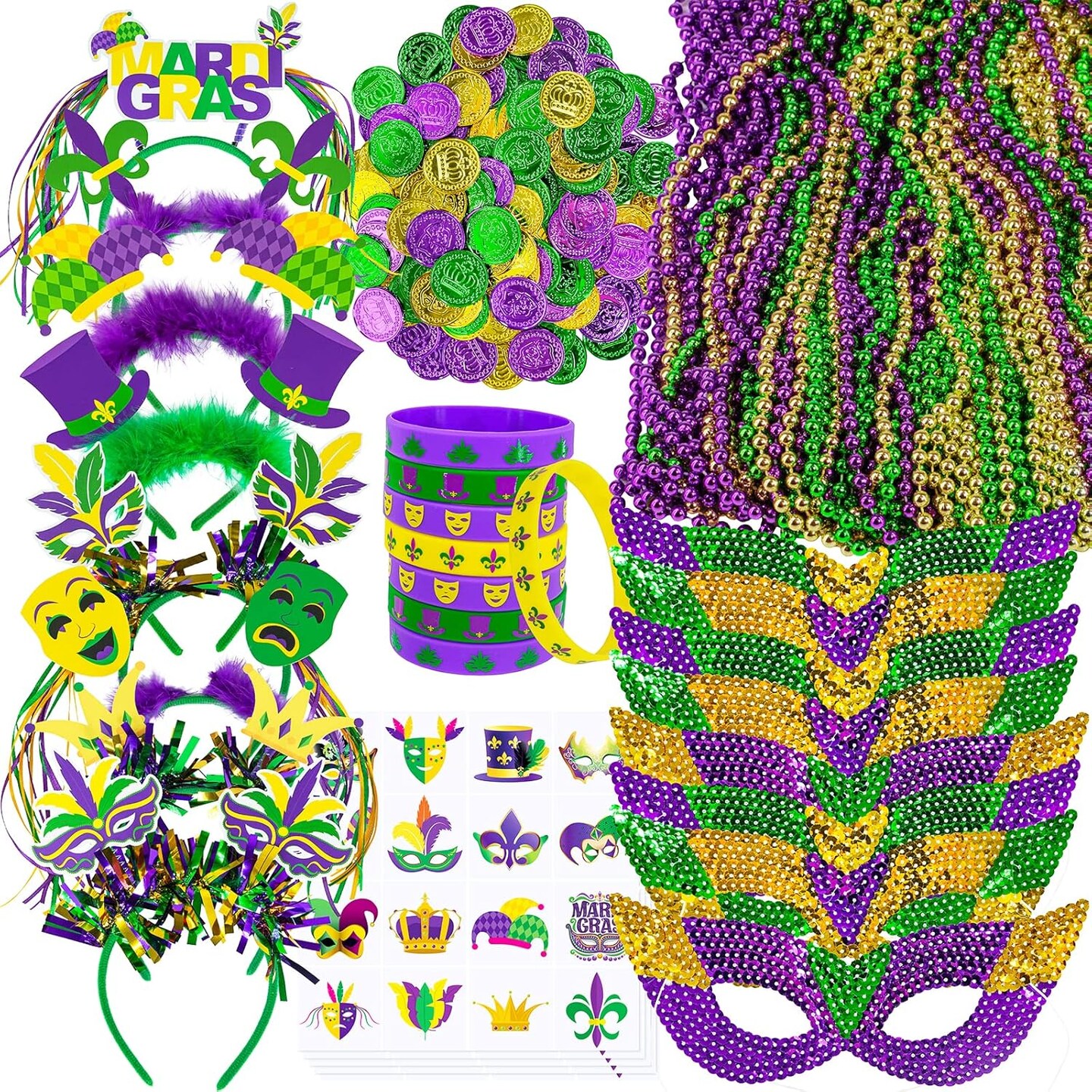 128 Pcs Mardi Gras Accessories Set – Bulk Party Favor Supplies with Beads Necklaces, Coins, Head Boppers, Bracelets & Tattoos in Purple, Green & Gold for Mardi Gras Masquerade, Parade & Décor
