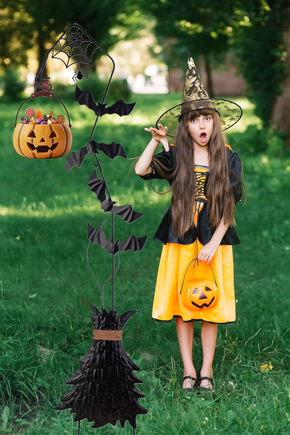 Halloween Witch Broom with Bats, Spider Web & Candy Holder Halloween Decoration