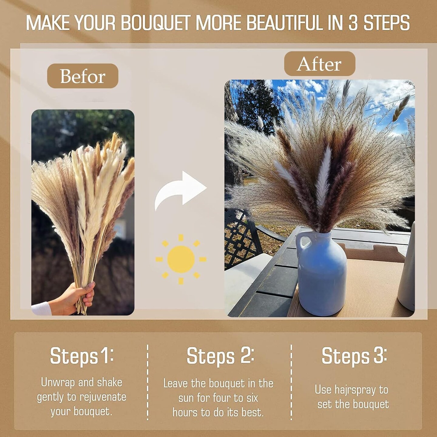 105PCS Natural Boho Wedding Flowers with Bunny Tails &#x26; Reed Grass(Natural,white,brown,beige)