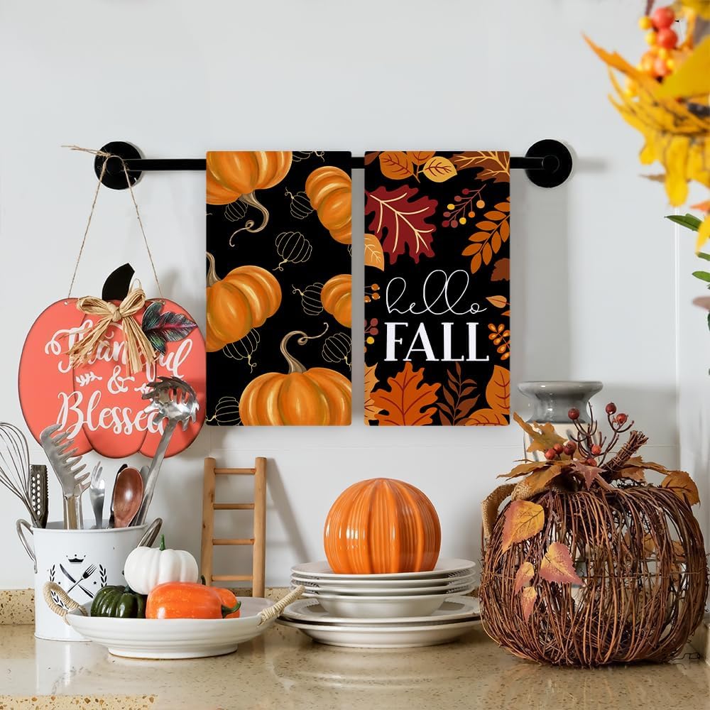 Fall Thanksgiving Pumpkin Kitchen Dish Towels Set of 2