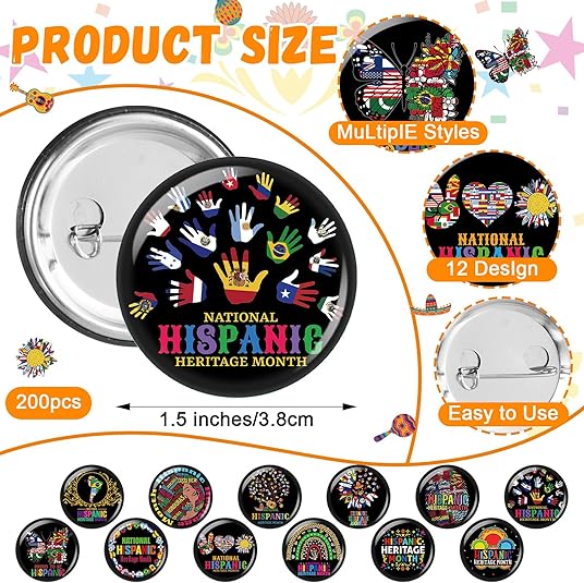 200 Pcs 1.5&#x27;&#x27; Hispanic Heritage Month Buttons Pins