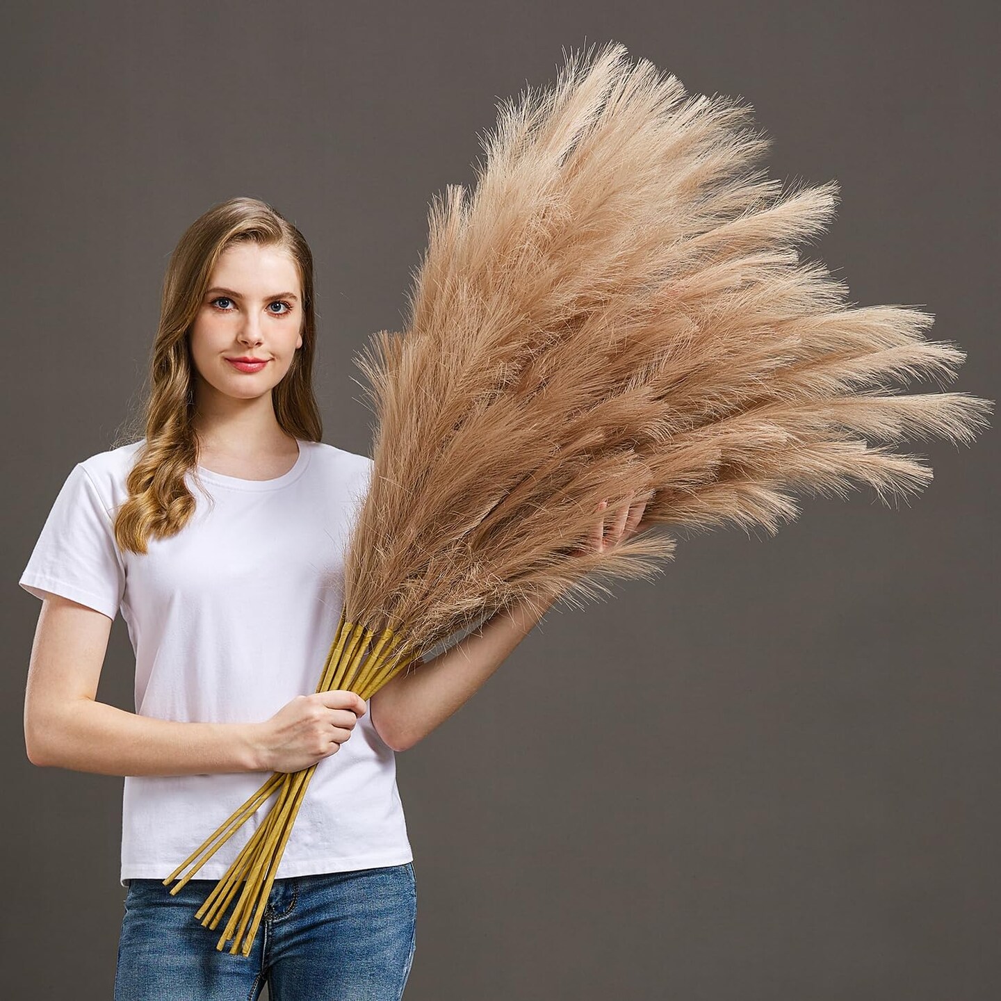 7 Pcs 45" Faux Pampas Grass – Fluffy Artificial Pompous Grass for Tall Floor Vase, Non-Shedding Home Decor, Boho Wedding Flowers, Baby Shower Centerpieces, Bedroom & Living Room Decor (Brown)