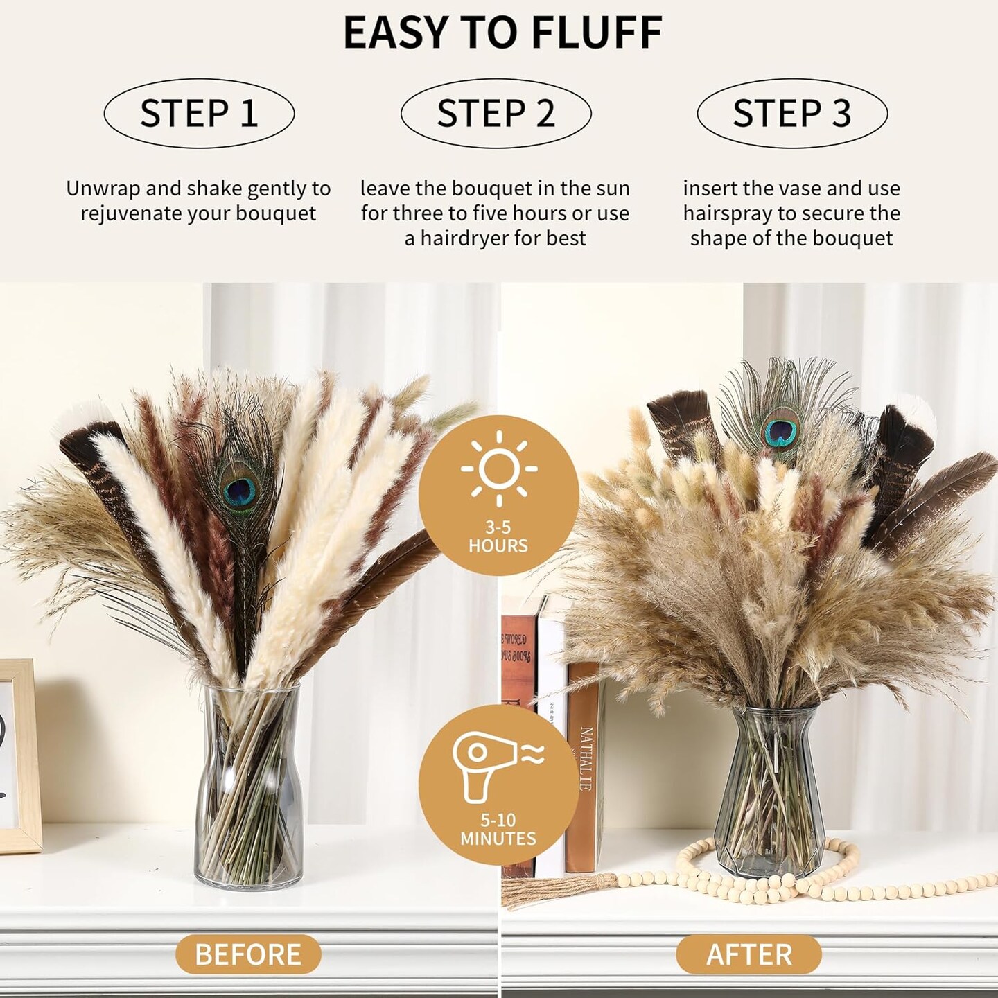 2-in-1 Pampas Grass Decor - 100pcs Dried Pampas Grass with Natural Feathers Boho Flowers Arrangement for Vase,Home Wedding Party Centerpiece and Rustic Farmhouse Decor