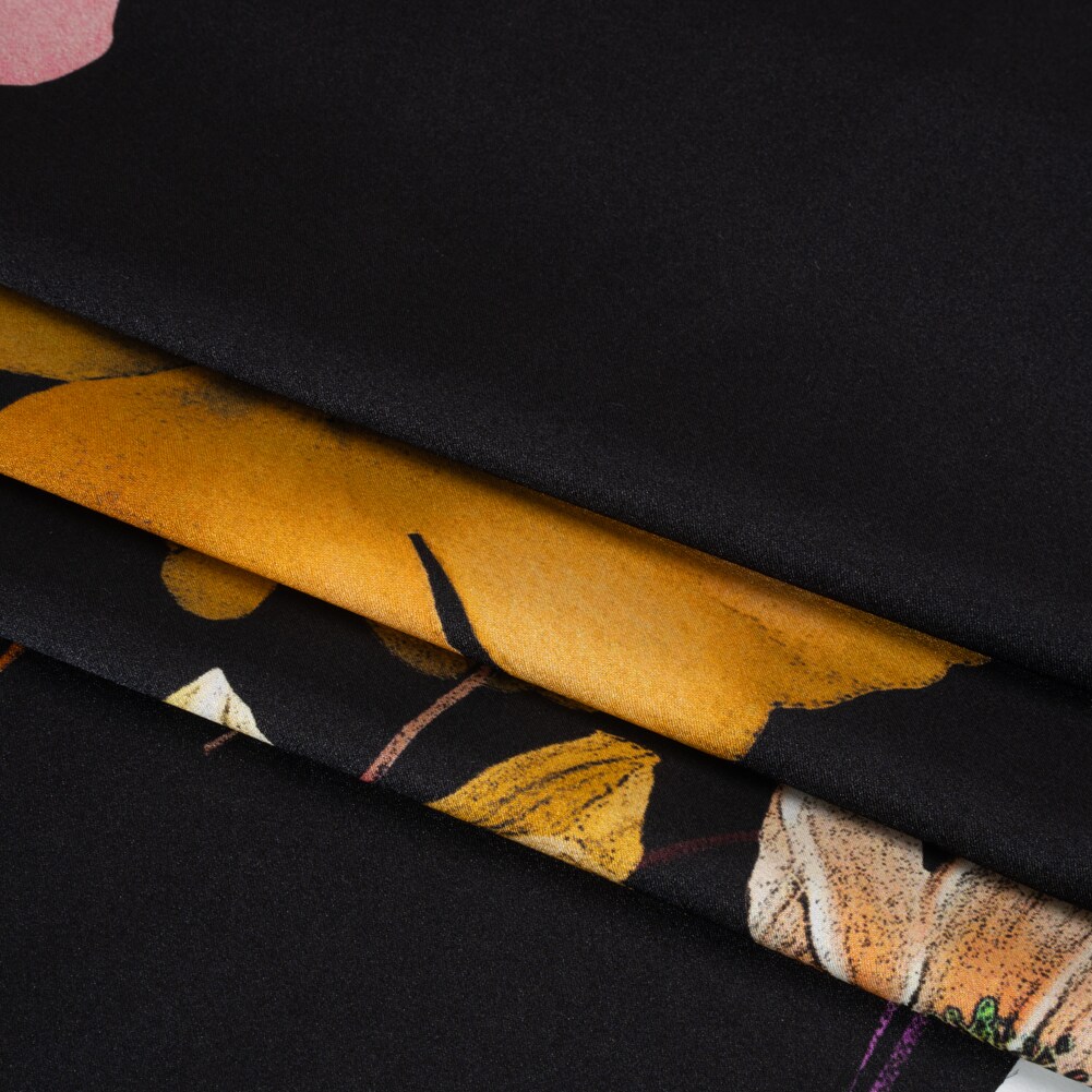 1 Yard Italian Black Purple and Yellow Ochre Floral Silk Charmeuse Fabric 53 inch Width