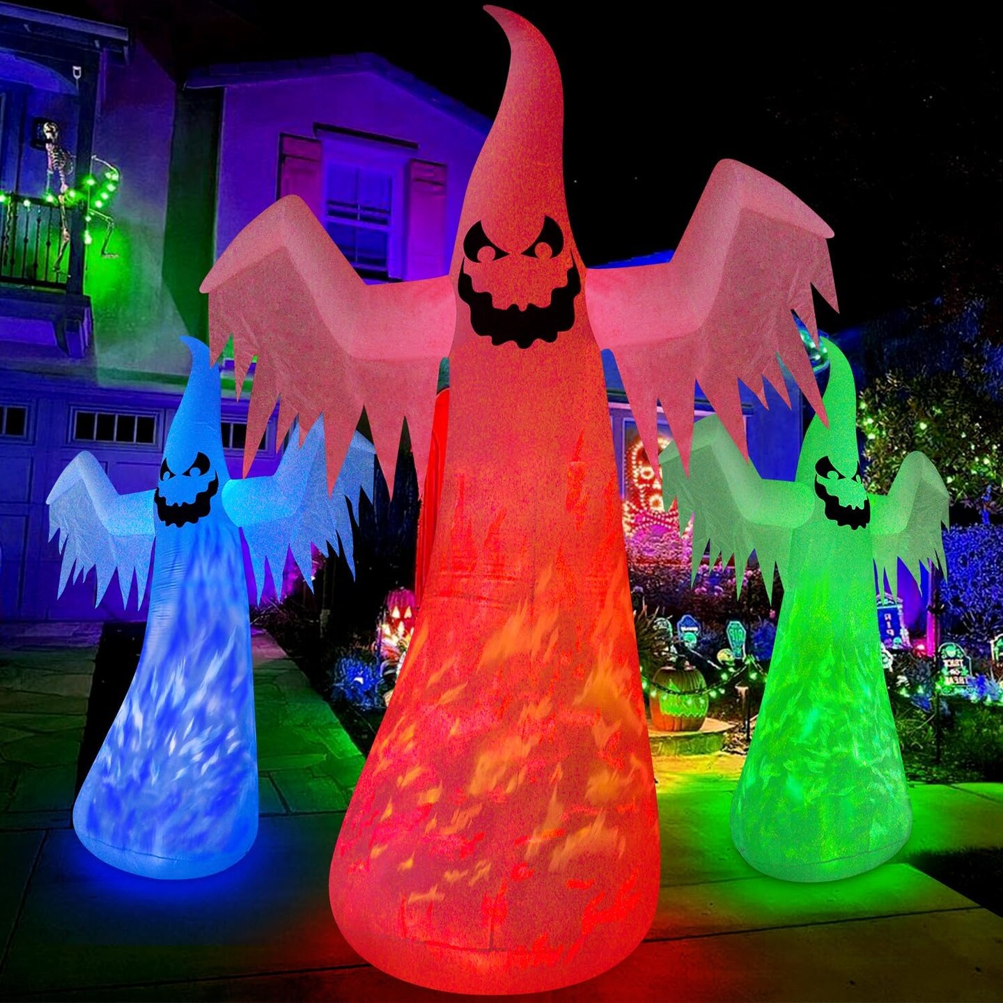 12FT Giant Halloween Inflatables Decorations Outdoor Ghost Built-in 3-Color Changing (White)