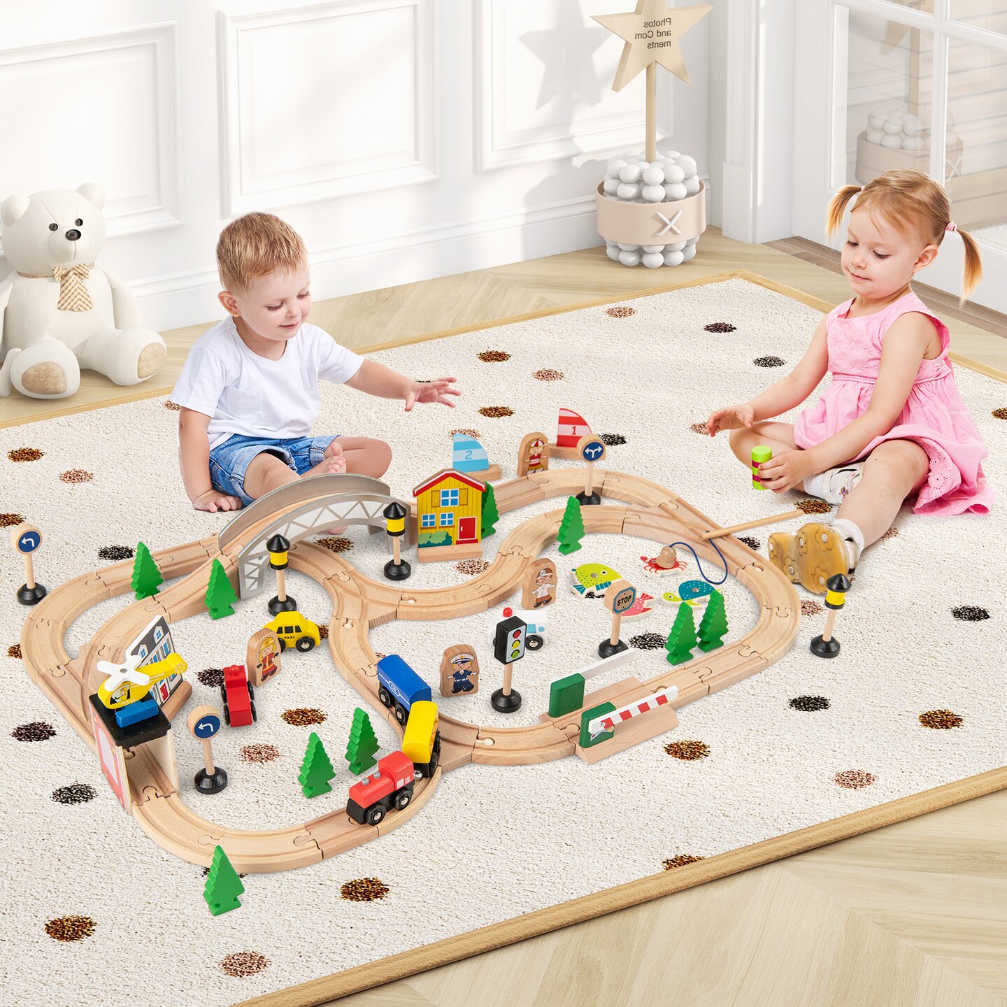 78-Piece Wooden Train Table Playset for Kids with Chalkboard and Map Board Storage