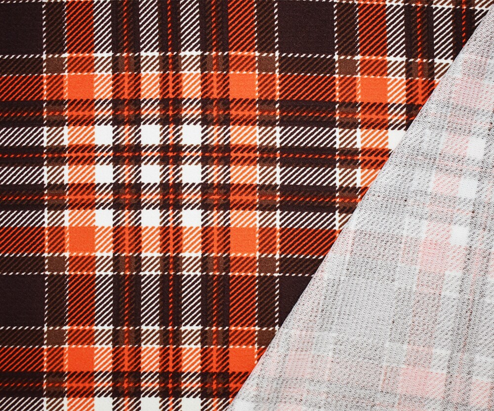 Brown-Orange Poly Plaid Print Stretch Spandex Liverpool Double Knit Fabric By the Yard