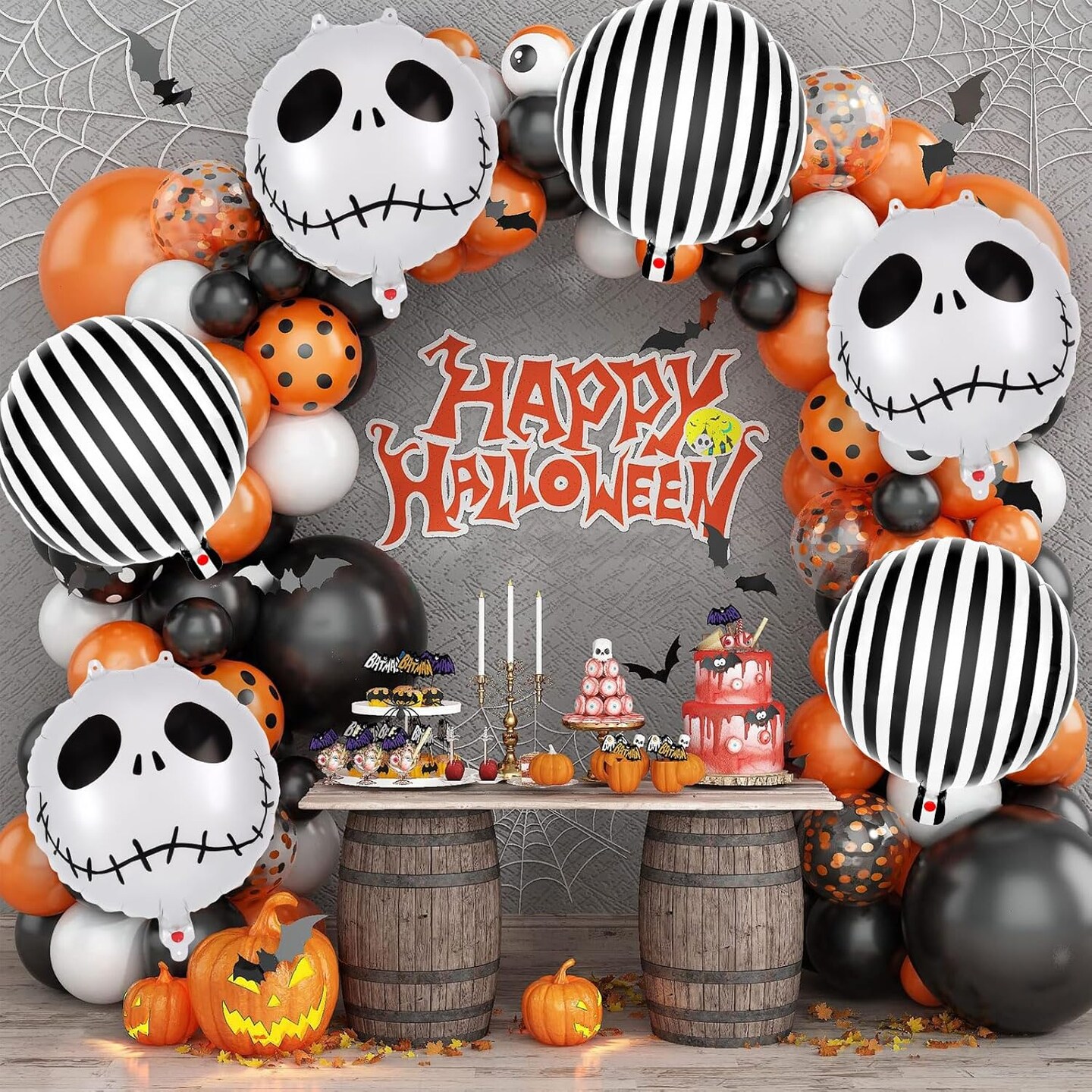 12 Pcs Black and White Skeletons Striped Foil Balloons(Skull and Strip)