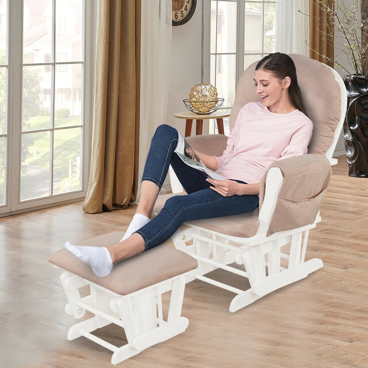 Patio Wood Glider Chair & Ottoman – Detachable Cushion with Padded Armrests