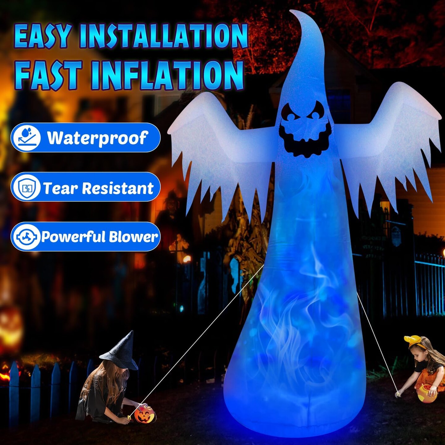 12FT Giant Halloween Inflatables Decorations Outdoor Ghost Built-in 3-Color Changing (White)