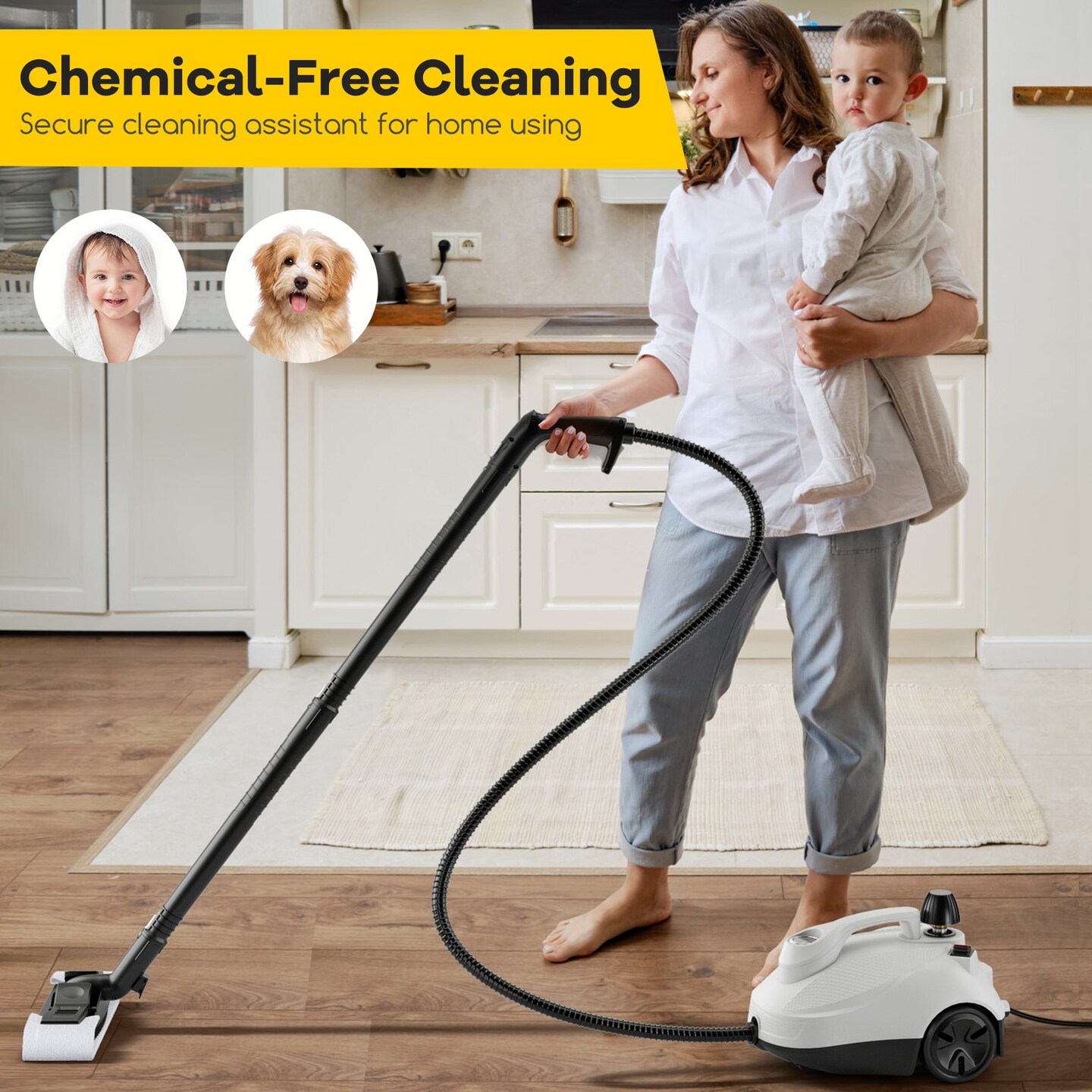 White-Grey Home Steam Cleaner 5 Bar Steam Pressure 35 Min Working Time for Floors, Windows or Carpets