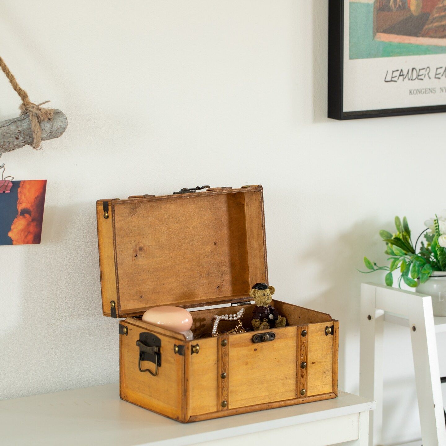 Vintiquewise Farmhouse Antique-Style Wood Treasure Chest with Leather Straps & Front Latch Decorative Storage Trunk for Trinkets Jewelry or Letters Rustic Accent for Home or Office Decor