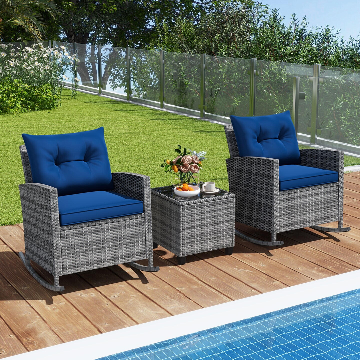 3-Piece Mix Brown Rattan Outdoor Rocking Chair Set with Navy Cushions and Tempered Glass Table