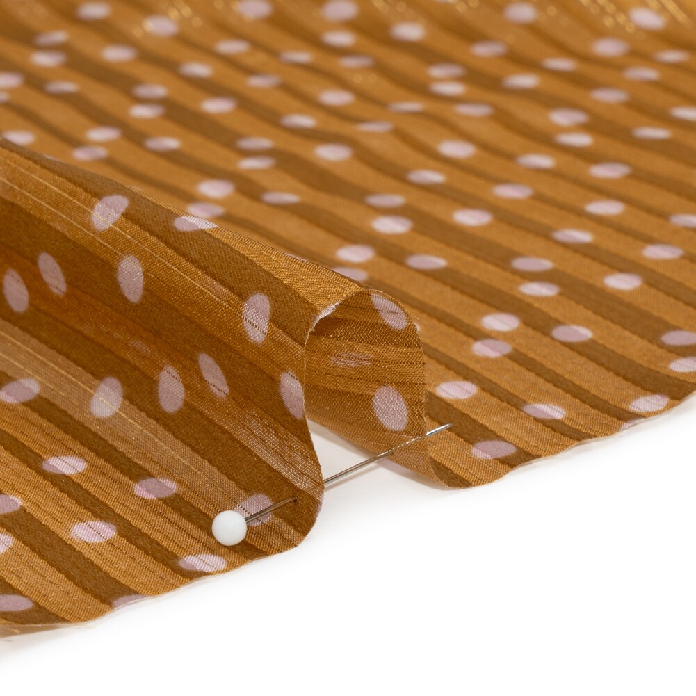 1 Yard Brown Pink Polka Dot Silk Burnout Stripe Fabric for Blouses Skirts 54" Width