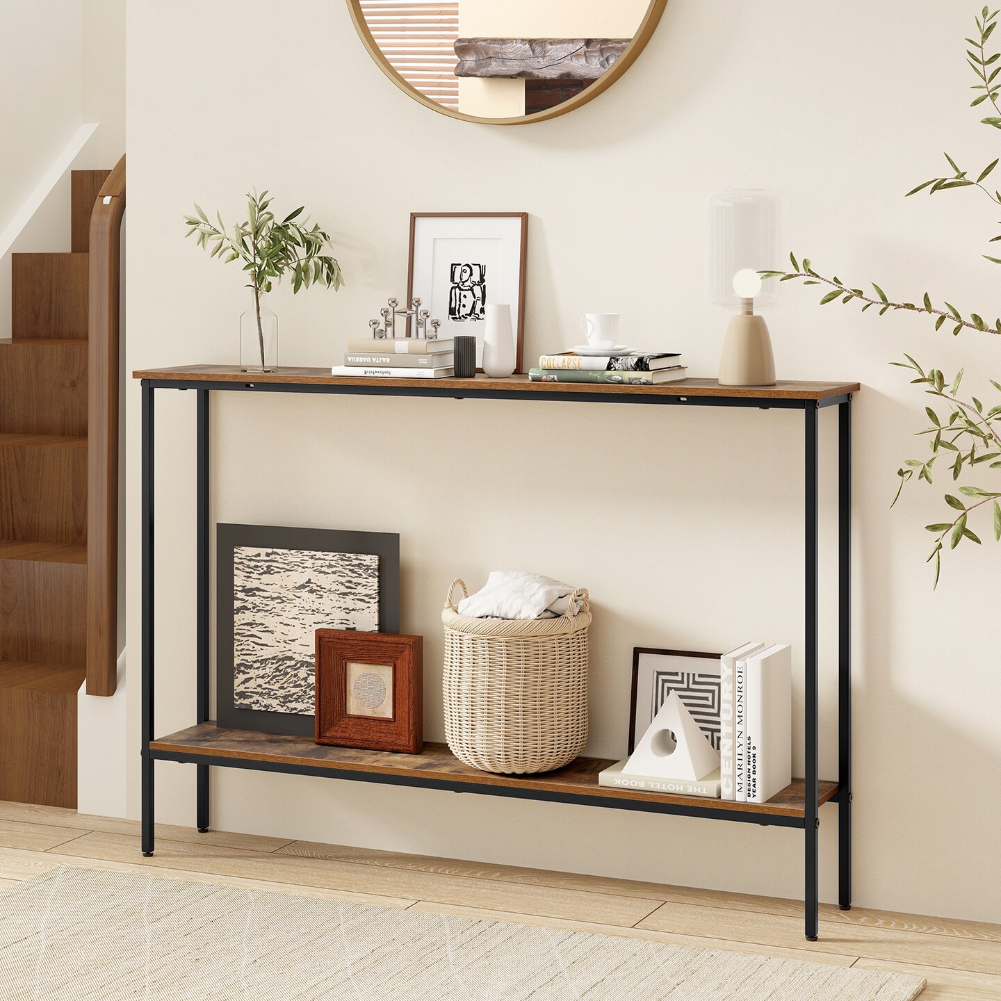 Space-Saving 2-Tier Console Table with Metal Frame and Bottom Shelf for Entryway or Living Room