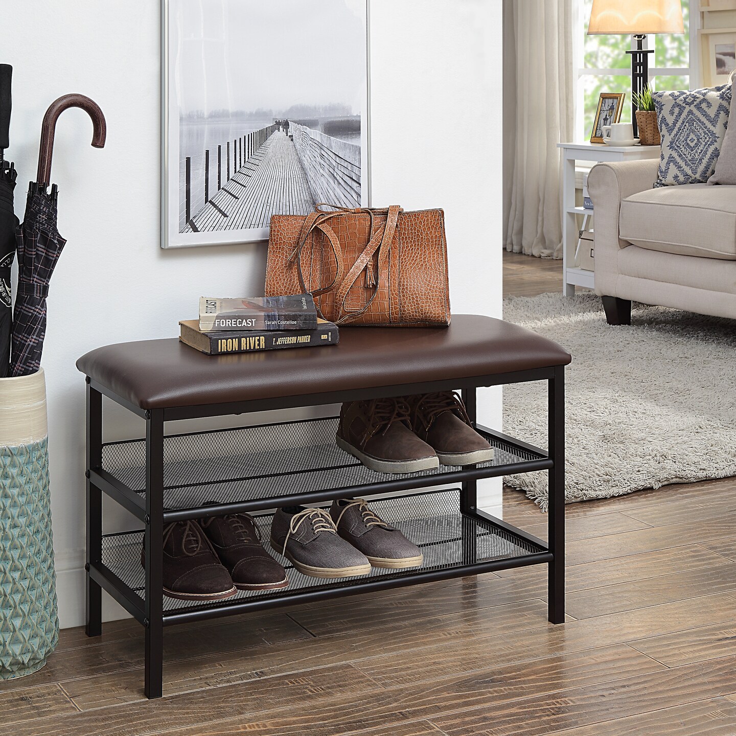 Metal Mesh Shoe Bench with Padded Seat – 2-Tier Storage for Entryway, Mudroom, or Bedroom
